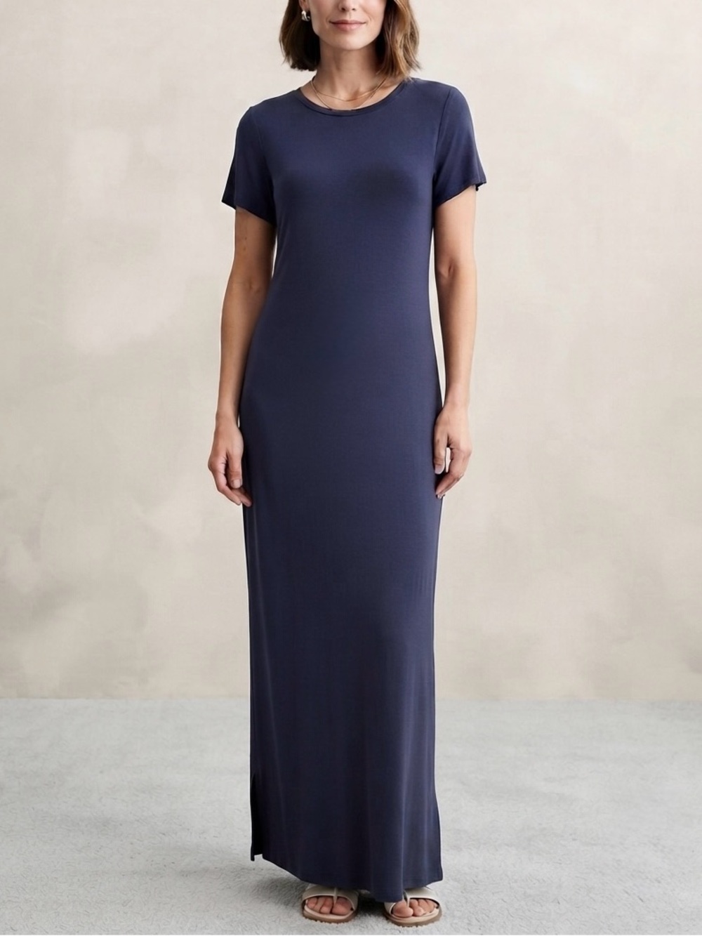 Navy Blue Maxi Dress Luxe Stretchy Minimalist Coastal Short Sleeve Loveappella